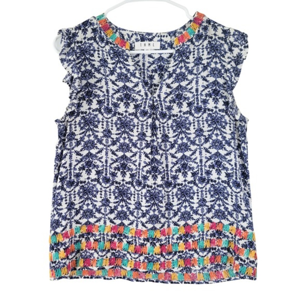 THML Blouse Women XS White Blue Floral Embroidered V-Neck Boho‎ Festival